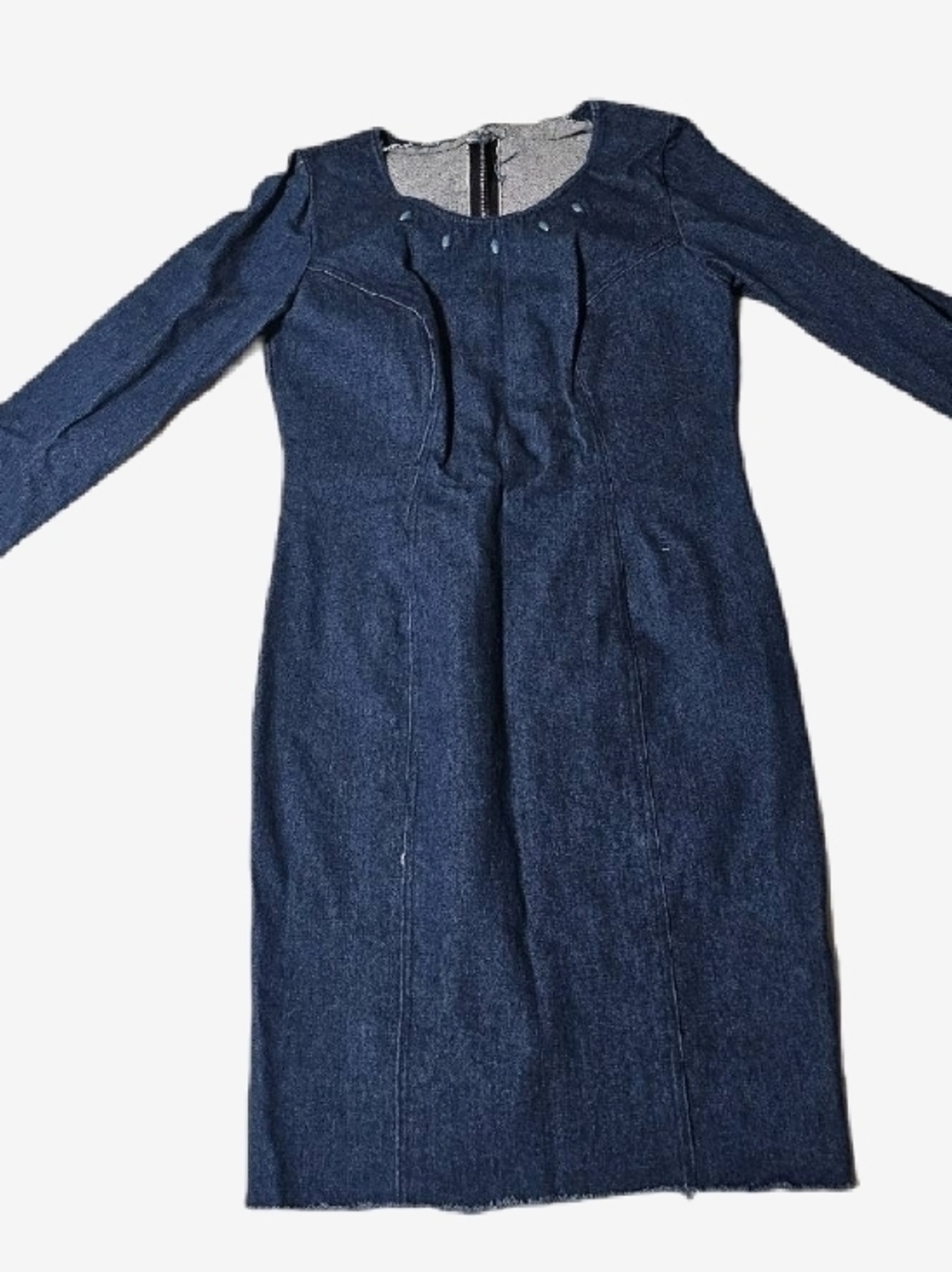 Dark Blue Denim Long Sleeve Sheath Dress With Turquoise Colored Accents